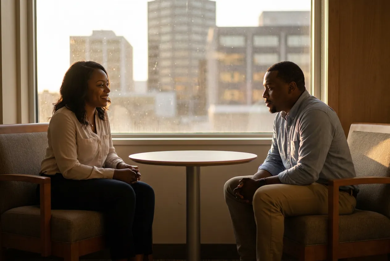 An executive coaching conversation between two African professionals